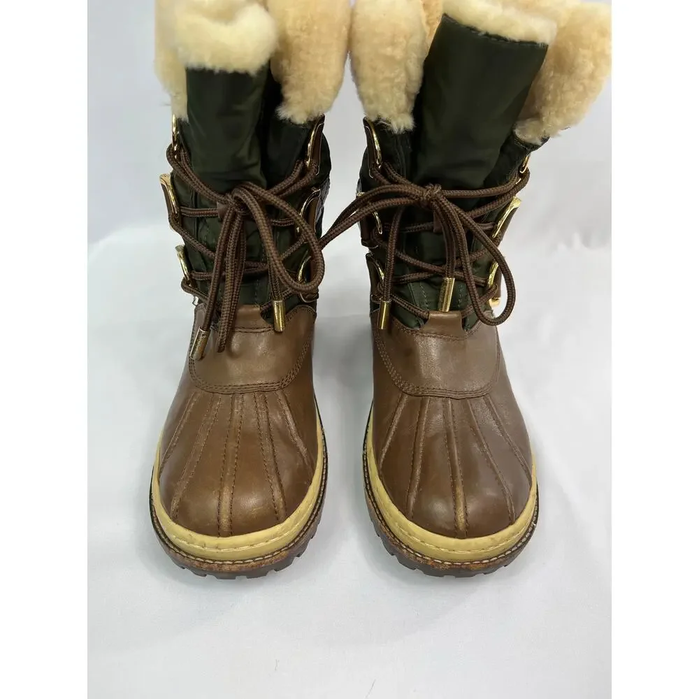 Tory Burch Duck Boots Nylon Leather Lace Up Sherling Womens 7 1/2